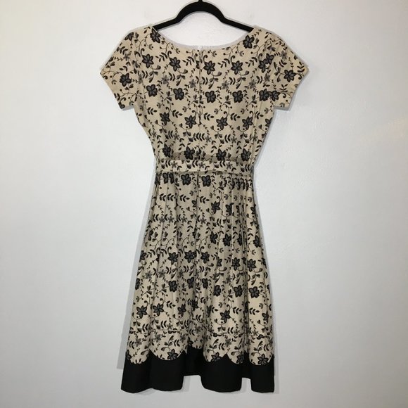 Vintage 50s Tan Floral Fit and Flare Party Dress Matching Belt Pleated Skirt VLV - Picture 10 of 16